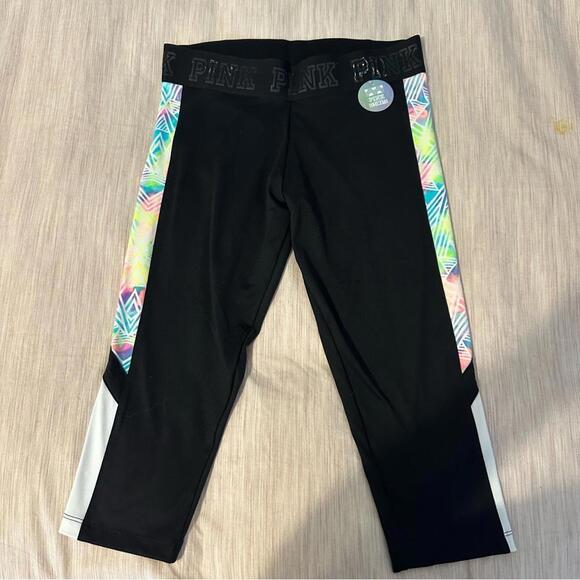 PINK Victoria's Secret Black Cropped Leggings with Colorful Side - Picture 1 of 5